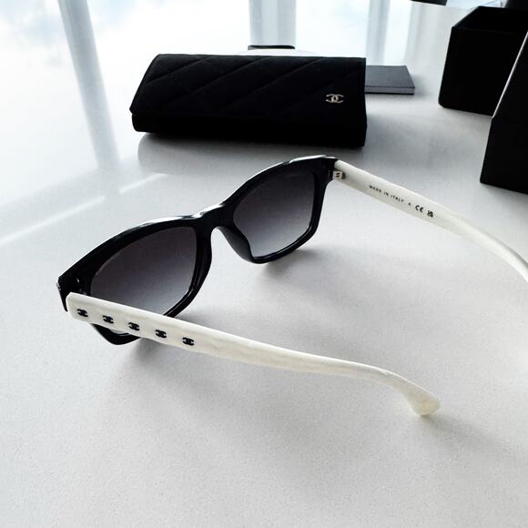 Chanel Black Frame with White Arms/Gray Lens Sunglasses - Picture 9 of 16